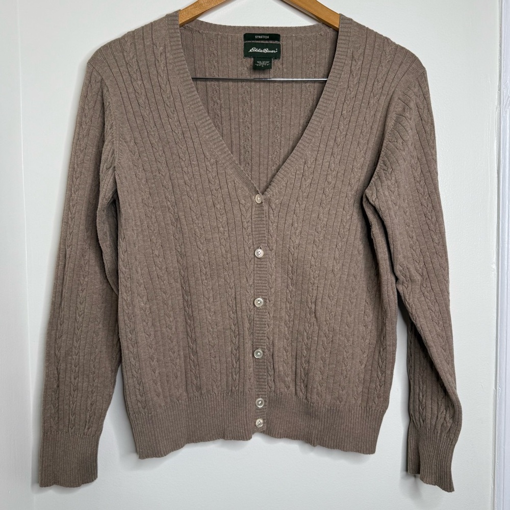 Eddie Bauer Stretch Cable Knit Cardigan Sweater Women’s Size Large Petite Beige